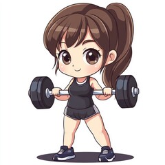 A cute and chibi style personal fitness trainer or expert  isolated on a white background  holding a pair of dumbbells and showcasing a fit  athletic body and strong  muscular build