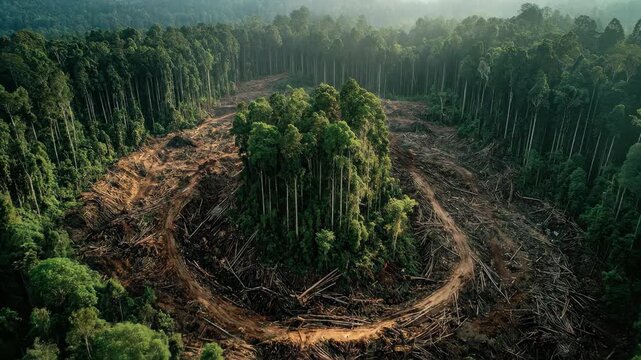 Stunning Aerial View Of Deforestation Impact On Lush Green Forest Landscape With Circular Clearing Depicting Environmental Concerns And Ecosystem Disturbance