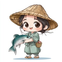 Adorable Chibi Fisherman Character Holding Fresh Fish Catch Traditional Occupation Depicted in Kawaii Anime Inspired Style Isolated on White Background