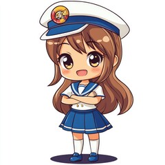 Adorable Chibi Style of a Young Female Maritime Worker Wearing a Sailor s Uniform and Captain s Hat on a White Background