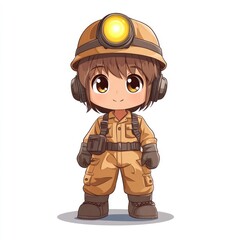 Adorable Chibi Style Miner Wearing Safety Headlamp Isolated on Clean White Background Cute Cartoon Character of Underground Worker in Uniform
