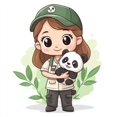 Charming chibi style depicting an animal caretaker or zookeeper lovingly embracing a baby panda bear in a natural  green setting  The whimsical
