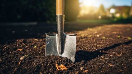 Shovel blade embedded in dark soil, sunny garden background