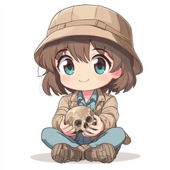 A cute and chibi style of a young female archaeologist or history researcher holding a fossil specimen on a plain white background