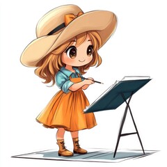 Charming Chibi Style Cartoon Character of a Young Female Fashion Designer Sketching a Couture Dress on an Easel in a Clean Minimalist White Background Setting