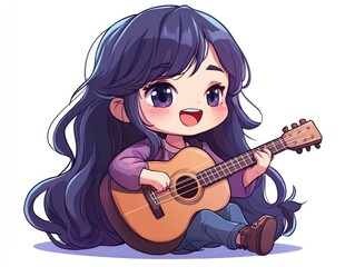 Adorable chibi style character enthusiastically playing acoustic guitar on a vibrant colorful and isolated background  The young stylized figure exudes a cheerful