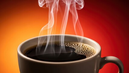 Steaming dark liquid in a mug, rising vapor against a warm gradient