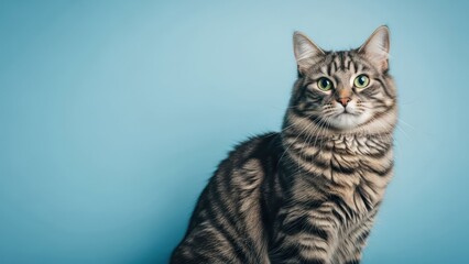 Obraz premium Striped cat against a light blue backdrop, looking directly at the viewer