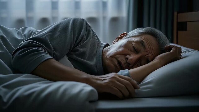 穏やかな老後の休息。ベッドで熟睡するシニア男性のクローズアップ