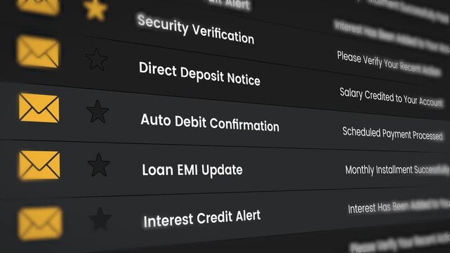 Animated view of Email Inbox with unread emails about bank loan and credit card payments in 4k video