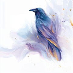 Obraz premium Illustration of raven bird in soft watercolor style with abstract flowing background, elegant artistic wildlife composition, isolated on a white background