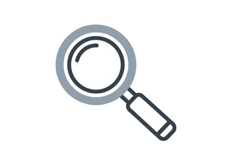 Icon of a magnifying glass with a gray rim and dark blue outline on a white background