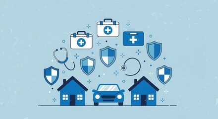 Insurance Coverage: Conceptual illustration showcasing diverse protective elements, including home, vehicle, and health insurance, symbolizing security and peace of mind.