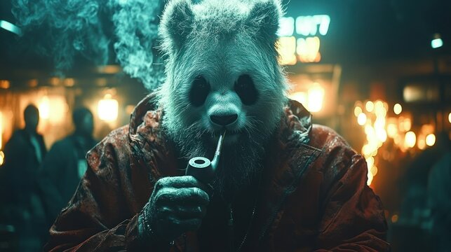 Panda mask, smoking pipe, urban setting