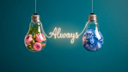 A surreal dreamscape glowing lightbulbs hold roses and Earth, forever connected by 'Always', symbolizing eternal harmony and global unity