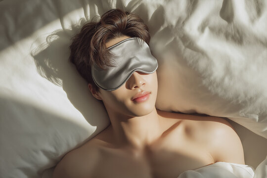 Top view of Korean young man sleeping in bed wearing a grey eye mask with morning sunlight shadows, deep sleep concept