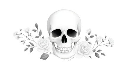 Fototapeta premium Skull rose flower bone white black illustration floral gothic botanical white human skull with black eye sockets is surrounded by detailed white roses and delicate flowers creating striking gothic