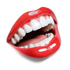 Female mouth with shiny healthy white teeth on white background.