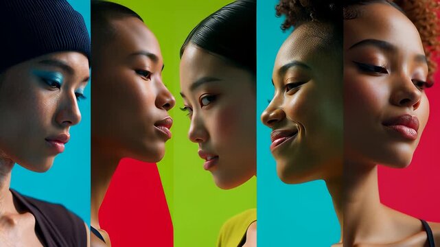 Diverse beauty models in a vibrant split screen collage featuring female faces in profile with perfect skin and makeup for inclusivity and fashion concepts