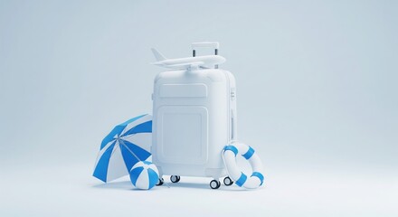 Adventure Awaits: A modern minimalist setup showcases a travel suitcase, accompanied by a small airplane, a life preserver, and a beach umbrella, ready for travel adventures.
