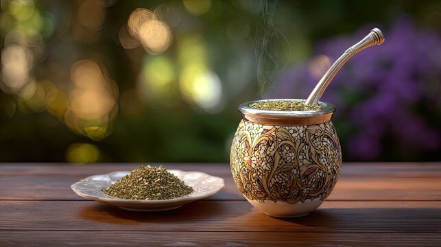 Decorative mate cup with traditional straw, surrounded by loose yerba mate and blurred foliage background
