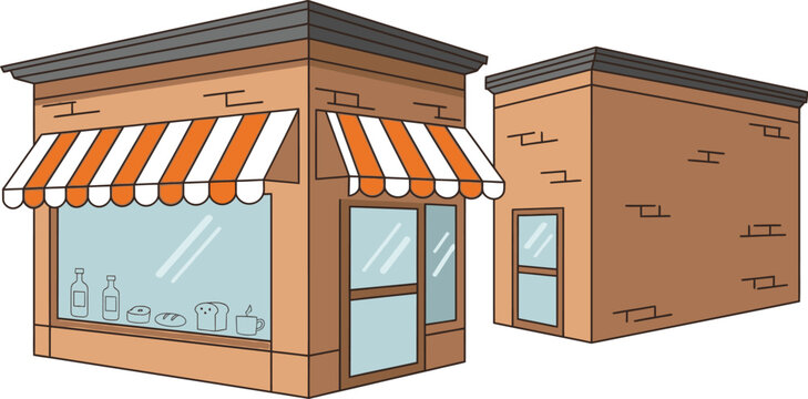 Illustration of a small shop building with awning and side view