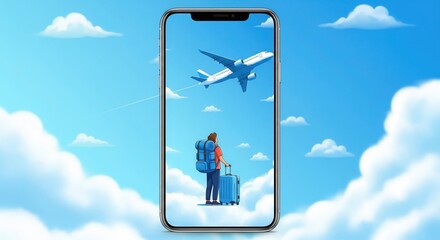 Digital Nomad's Journey: A traveler with a backpack and luggage stands, gazing up at an airplane soaring through the sky, a symbol of freedom, travel, and the digital nomad lifestyle.