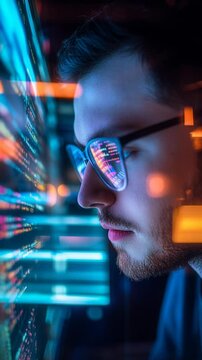 Cybersecurity Expert Analyzing Glowing Code in Futuristic Interface