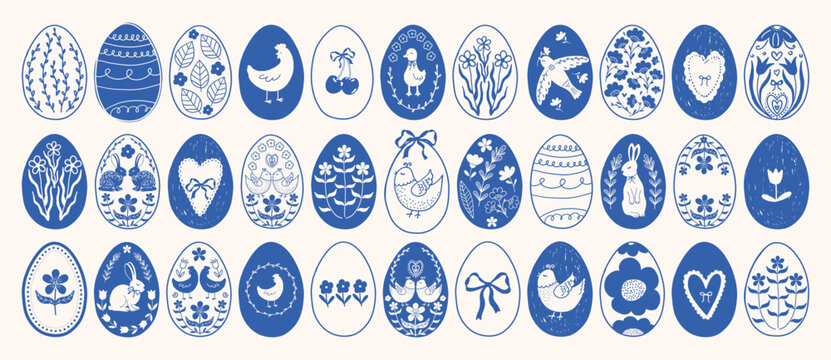 Set of Doodle hand drawn Easter eggs with flowers, bunnies, chickens, geese, birds, hearts and bows. Whimsical decorative elements for greeting cards, prints. Vector illustration