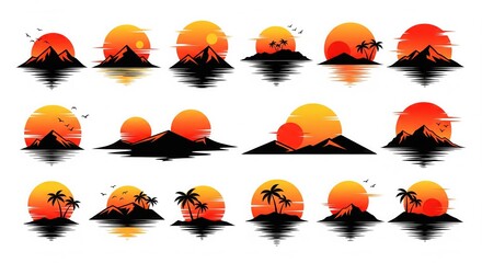 Sunset Silhouette Collection: A captivating collection of sunset silhouettes, showcasing diverse landscapes. Each design portrays the natural beauty.