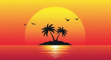 Sunset Paradise: A tranquil sunset silhouette over a tropical island, evoking a sense of serenity. Featuring the sun and sea with palm tree, as bird flying on the sky, with reflection on the sea. 