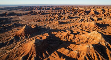 Desert Panorama: An expansive aerial view showcases the raw, rugged beauty of a desert landscape, where sun-scorched earth stretches to the horizon and shadows dance across the undulating terrain.