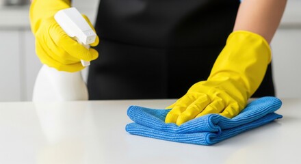Cleaning Action: A close-up view capturing the act of cleaning, where gloved hands meticulously sanitize a smooth surface, embodying cleanliness and hygiene.