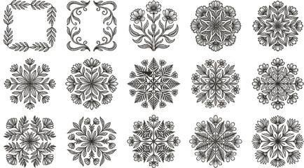 Vector illustration of 15 ornamental floral motifs featuring symmetrical circular and square botanical designs arranged in decorative grid layout © Hafeza