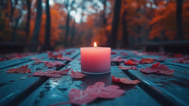 Pink candle on wooden table with autumn leaves