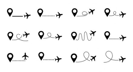 Diverse Flight Paths: A collection of various flight paths and location markers, signifying travel routes and destinations, with creative designs.