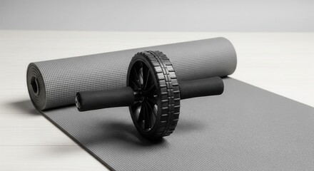 Ab wheel and yoga mat: A composition of the Ab wheel positioned on the rolled yoga mat which provide essential tools for fitness routines and body toning.
