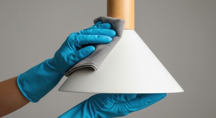 House Cleaning: A hand wearing blue glove is carefully cleaning a lamp in a tidy house. The image capture a moment of routine care and attention.