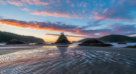 Coastal Serenity at Sunset: Witness the breathtaking beauty of the coastline, as the sun dips below the horizon, painting the sky with vibrant hues, and reflecting on the calm waters.