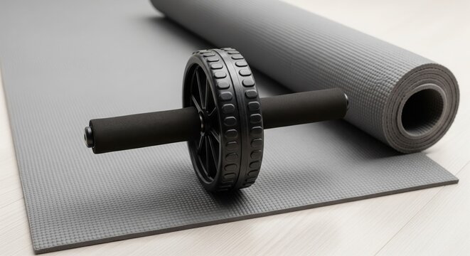 Fitness Essentials: A yoga mat and ab wheel are ready to assist you in creating the body of your dreams.