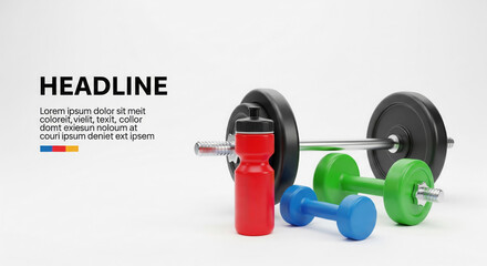 Workout Essentials: A still-life captures the core elements for a productive workout: a barbell and dumbbells alongside a water bottle. Ideal for fitness, health, and wellness concepts.