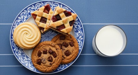 Assorted cookies and fruit tarts on a blue plate next to a glass of milk