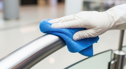 Cleaning and Sanitizing: A gloved hand diligently wipes down a metallic handrail, ensuring a clean and sanitized environment, representing hygiene.