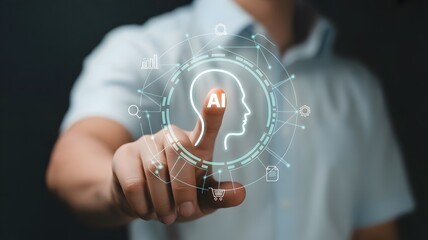 A man in a white shirt interacting with a futuristic AI interface on his finger