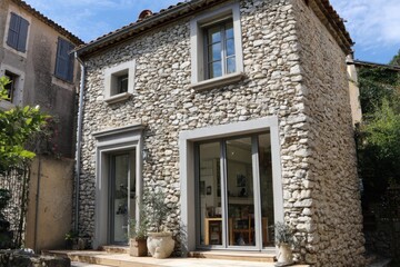 Obraz premium Stone house situated in a quiet area with large windows and front garden, showcasing a simple design under clear blue sky during daytime