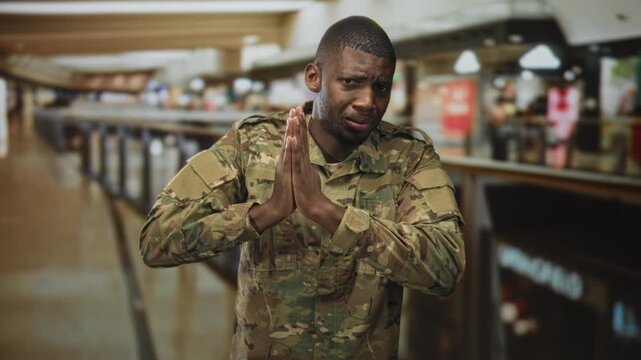 Soldier man in camouflage uniform pressing hands together near storefronts on airport concourse in pleading gesture; plea anxiety.