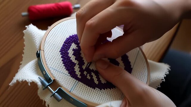 Close up hands stitching a purple cross-stitch pattern on white fabric in a wooden hoop, illustrating traditional embroidery needlework for creative DIY craft concepts.