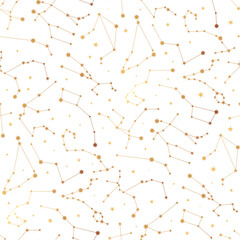 Seamless pattern with gold constellation on white. Astrology vector illustration