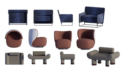 3D render of a modern minimalist chair on a transparent background