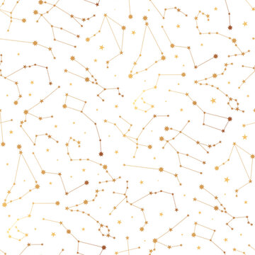 Seamless pattern with gold constellation on white. Astrology vector illustration